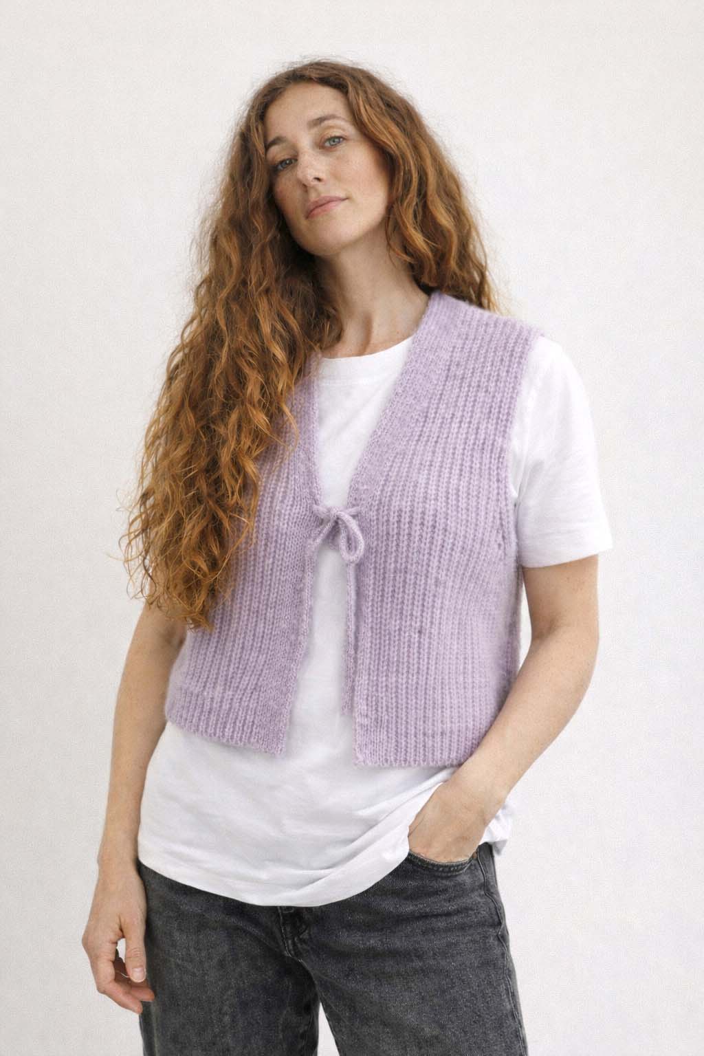 Short Chunky Knit Vest for Women with Tie Straps Made of Alpaca Wool