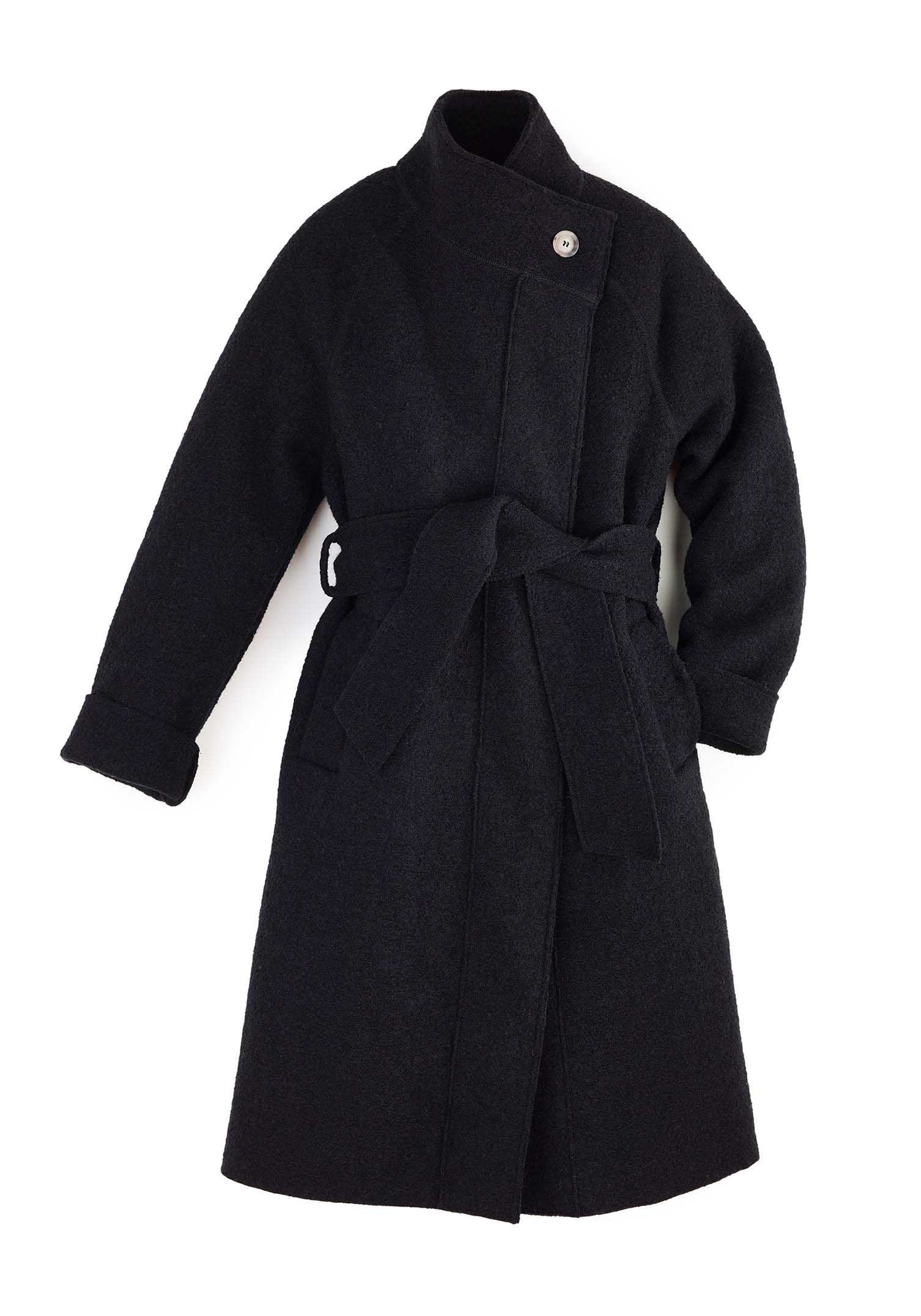 Felted coat with waist belt and button