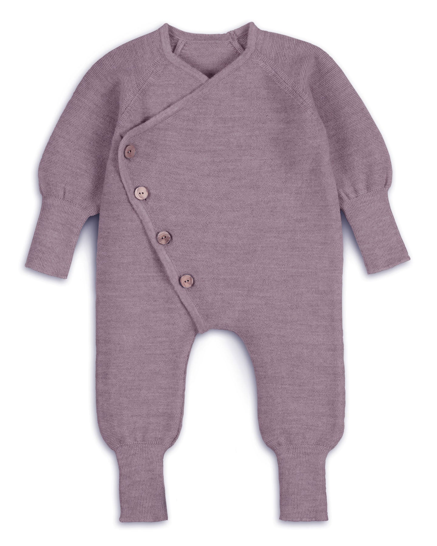 Strickoverall für Babys aus Merinowolle in Mauve – Frontansicht