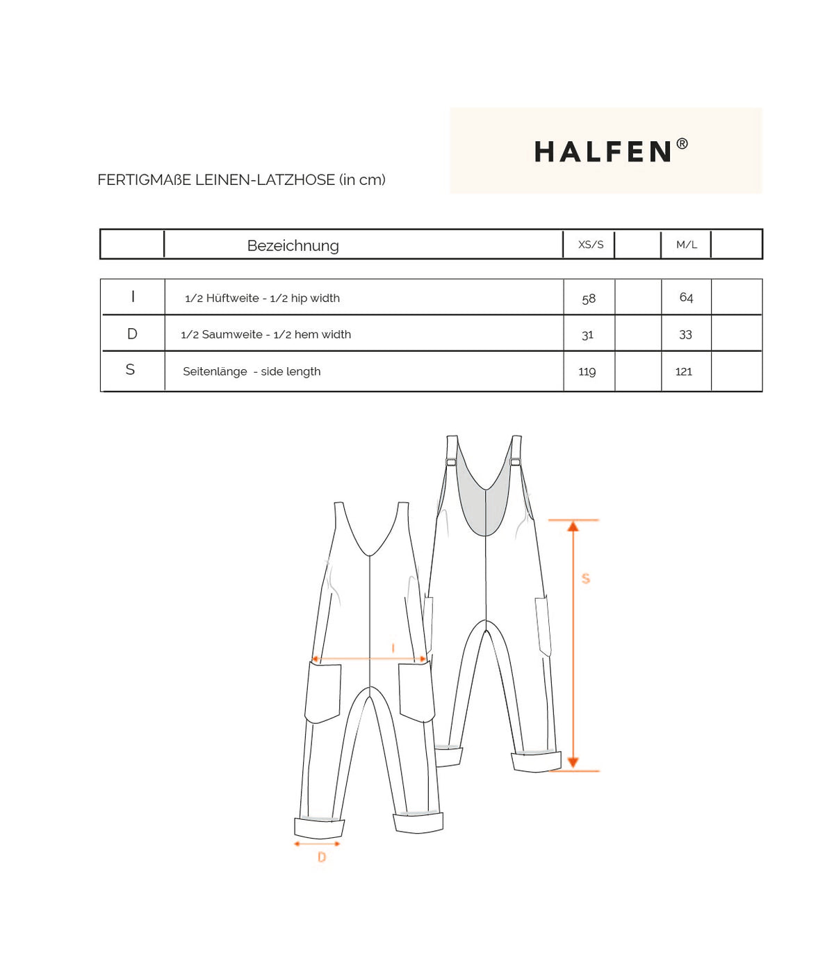 Größentabelle Latzhose aus Leinen | Damen