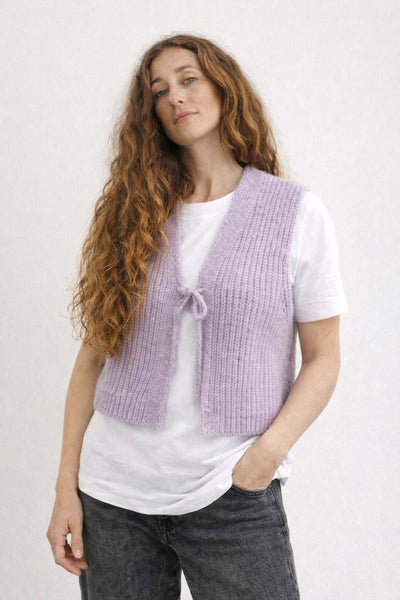 Short Chunky Knit Vest for Women with Tie Straps Made of Alpaca Wool