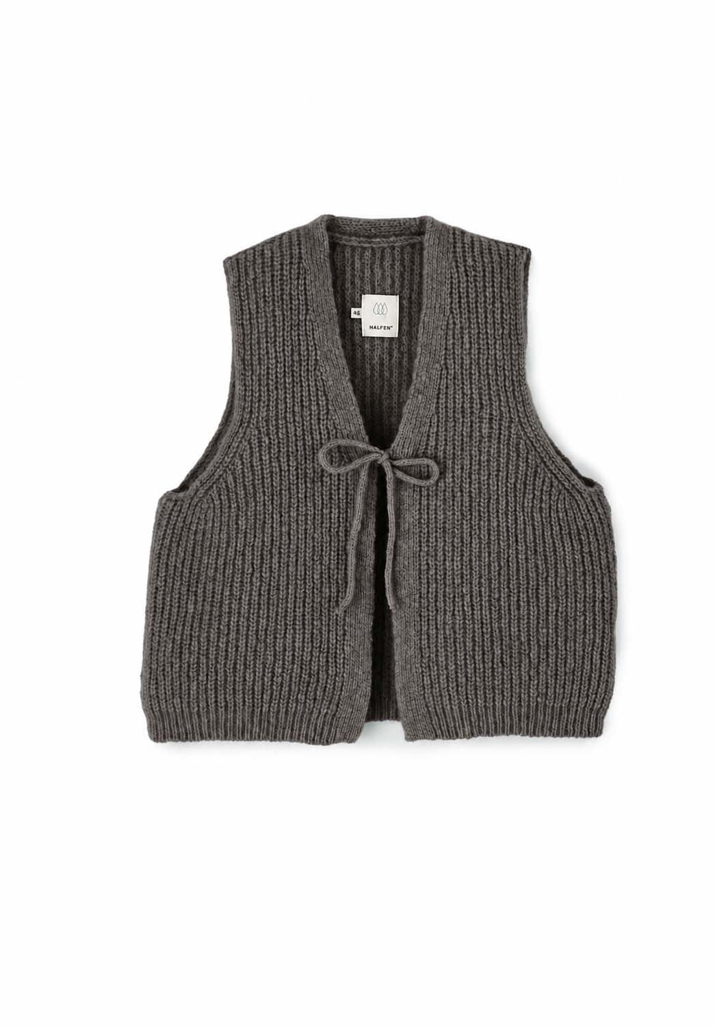 Short Chunky Knit Vest for Women with Tie Straps Made of Alpaca Wool