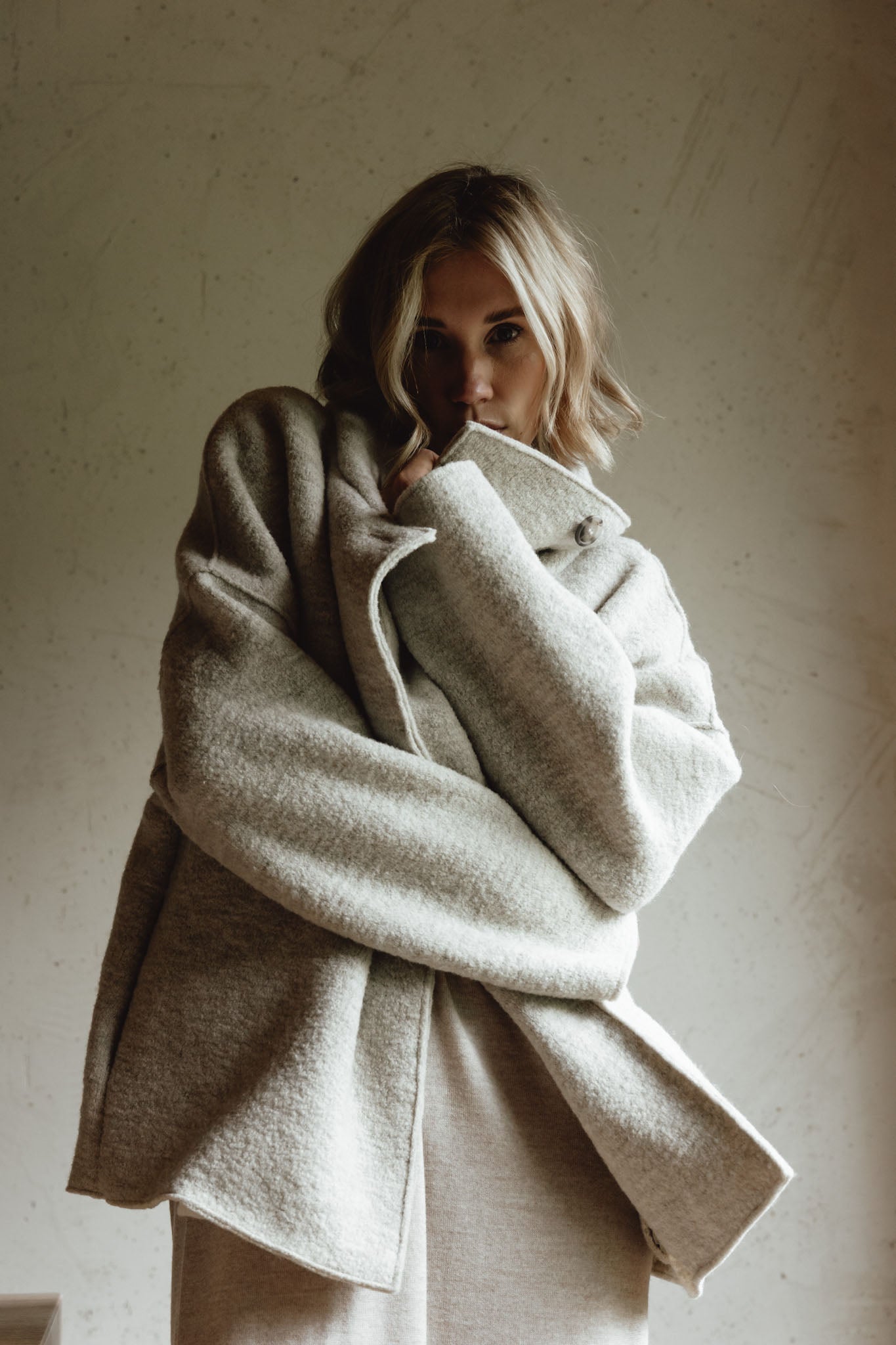Boiled wool jacket with stand-up collar