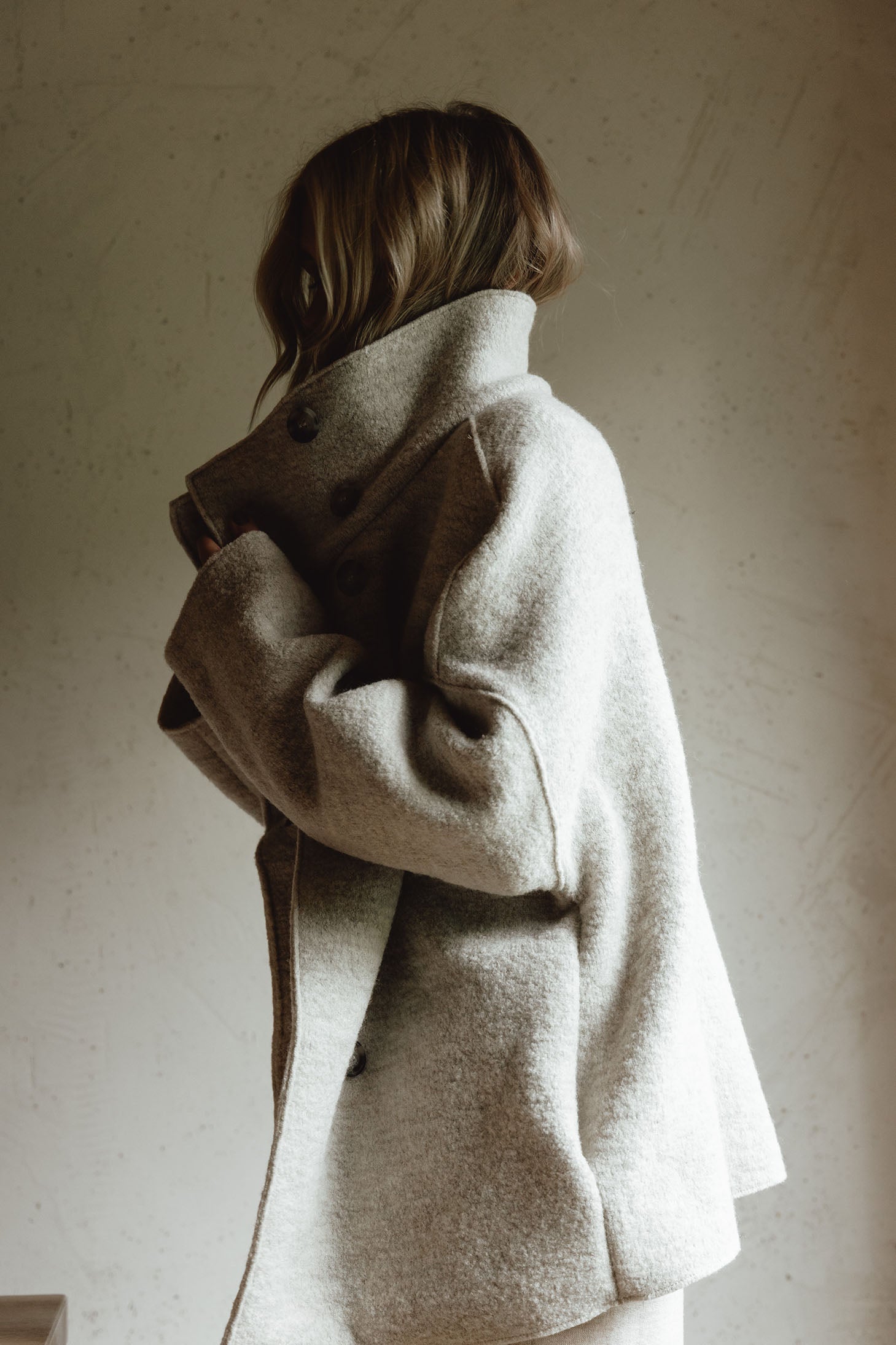 Boiled wool jacket with stand-up collar