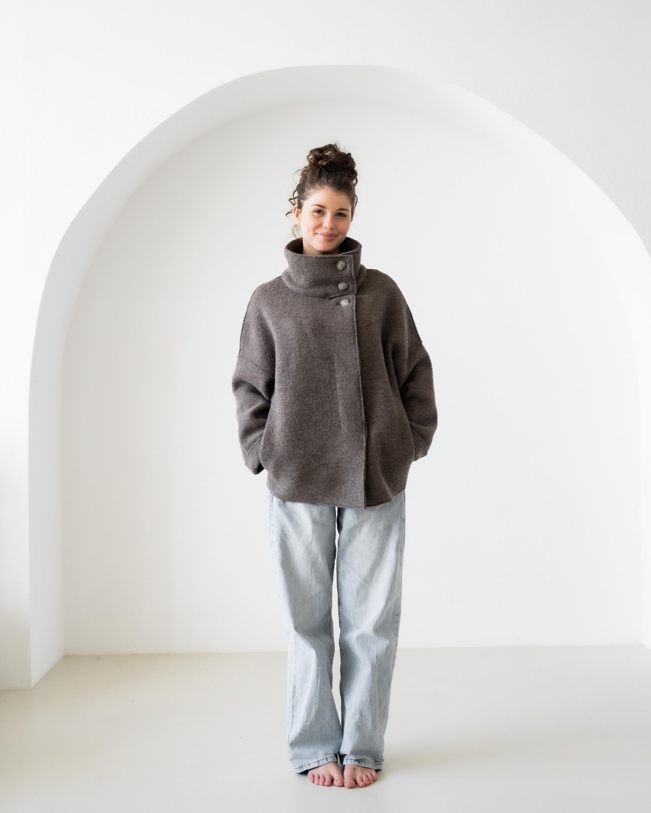 Boiled wool jacket with stand-up collar