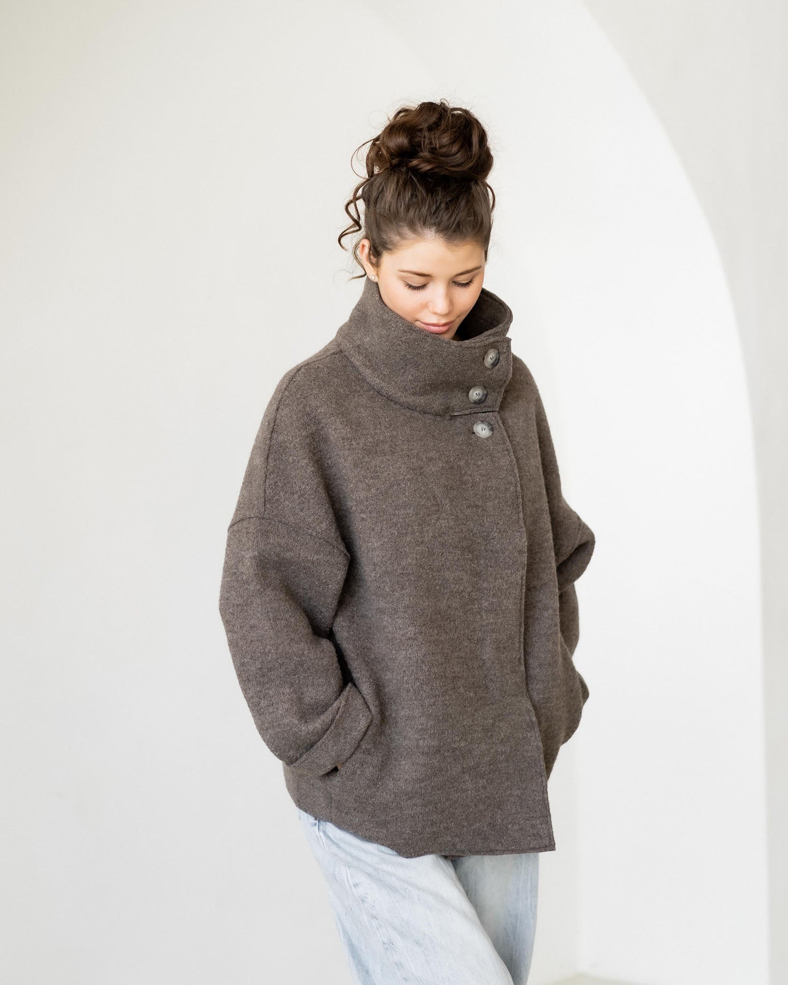 Boiled wool jacket with stand-up collar