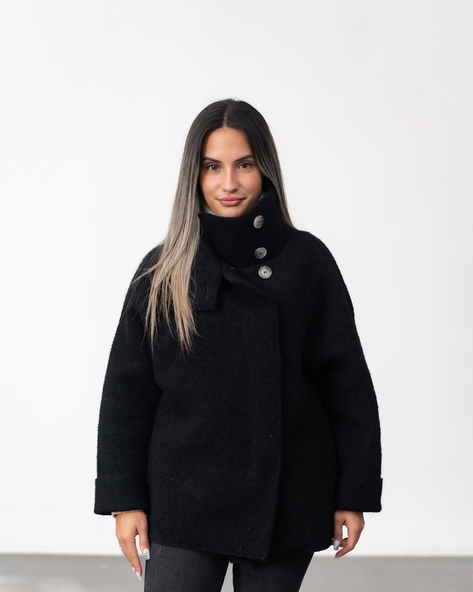 Boiled wool jacket with stand-up collar