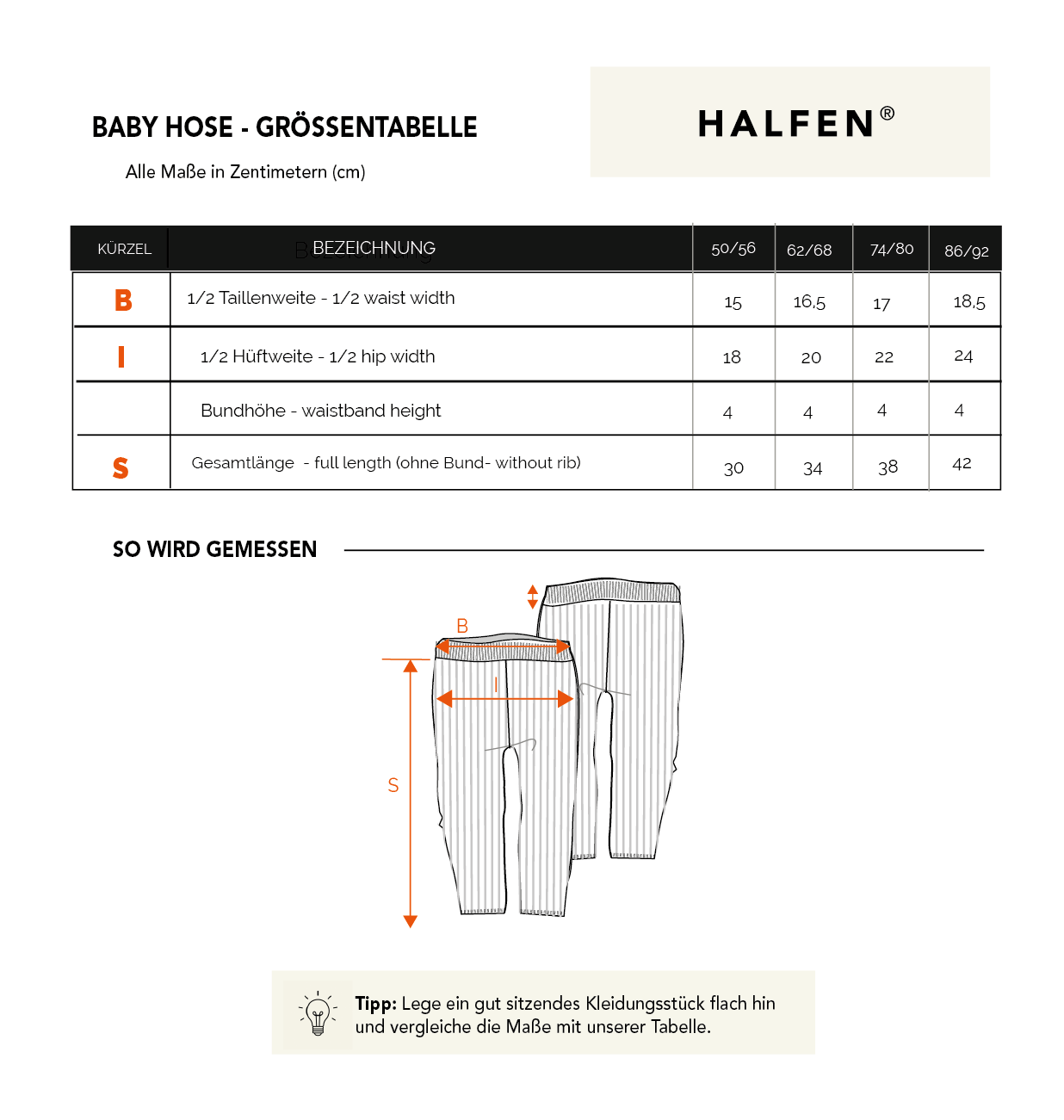 Größentabelle Grobstrick Leggings aus Merino | Baby
