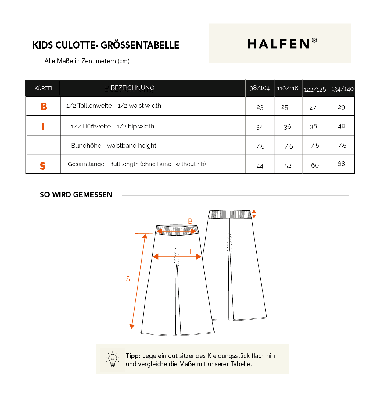 Größentabelle Strick Culotte aus Merino | Kinder
