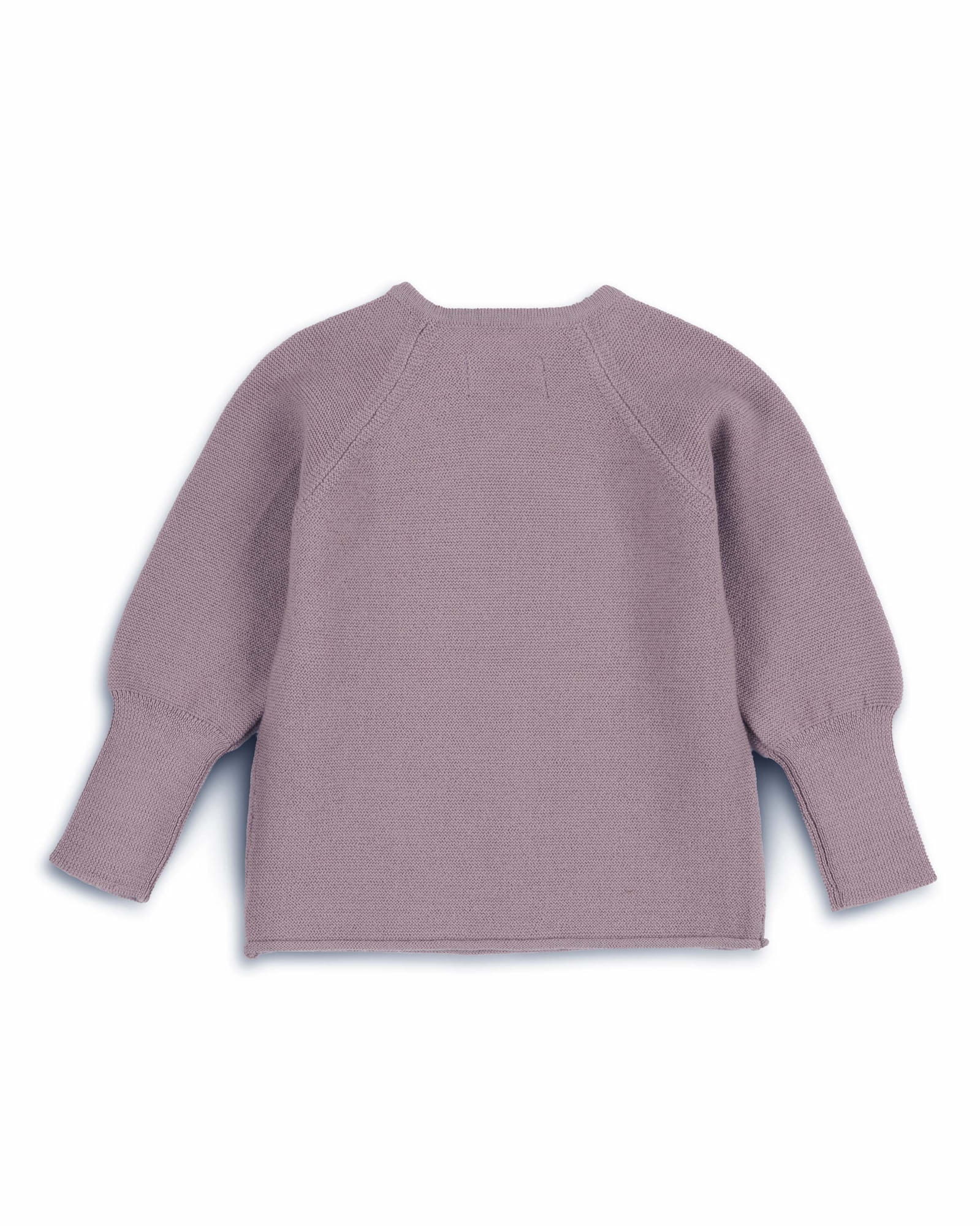 Schlüttli Wickeljacke aus Merinowolle in Mauve für Babys in Rückansicht